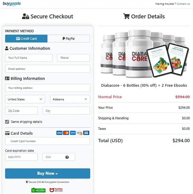 DiabaCore Order Page DiabaCore Order Page